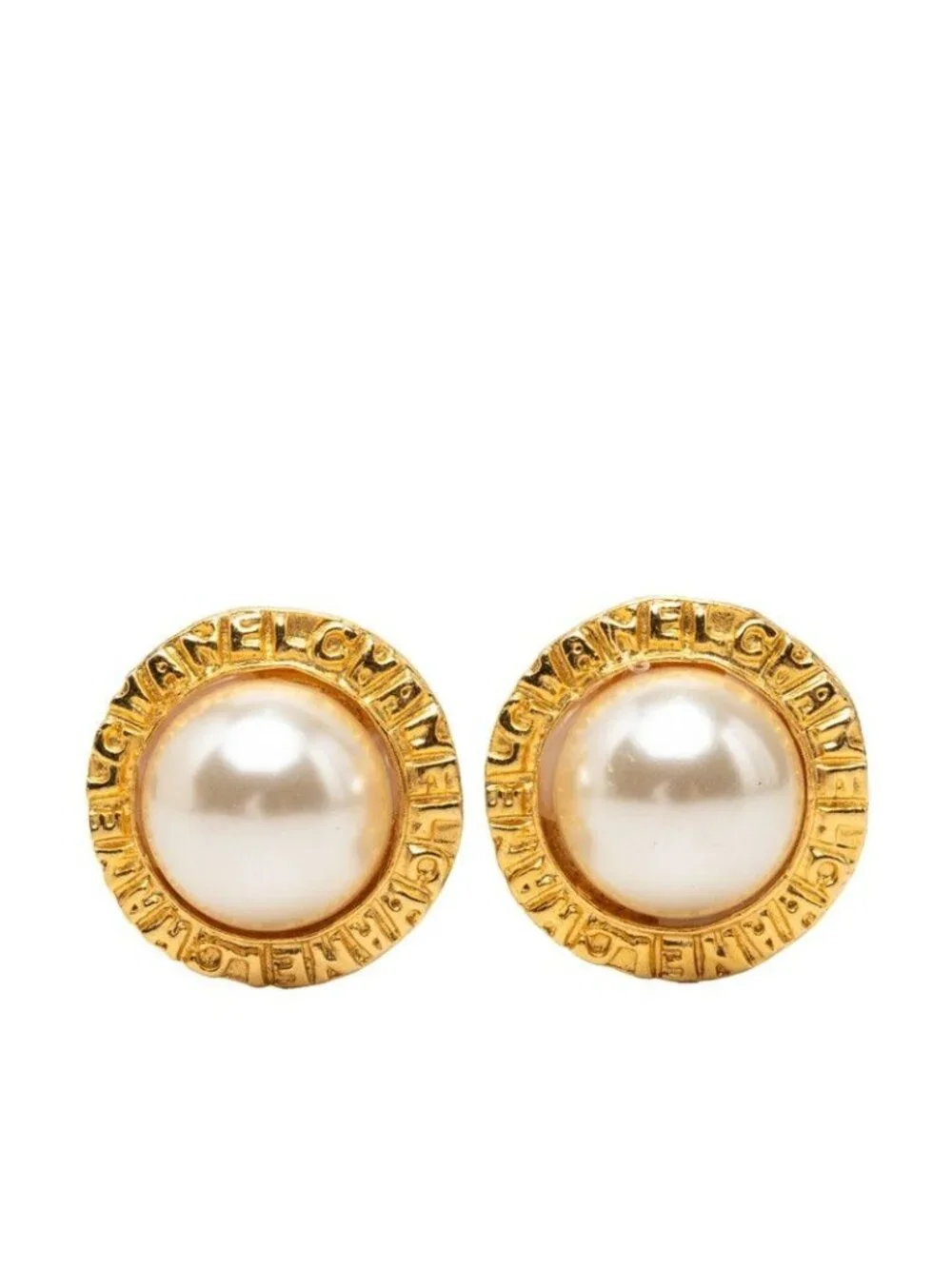 Chanel Logo Round Circle Earrings Gold Faux Pearl Plated